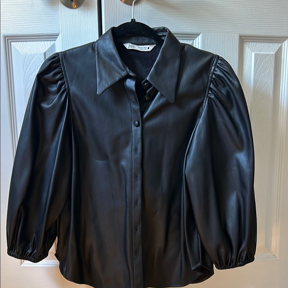 Zara Black Puff Sleeve Button Down Shirt